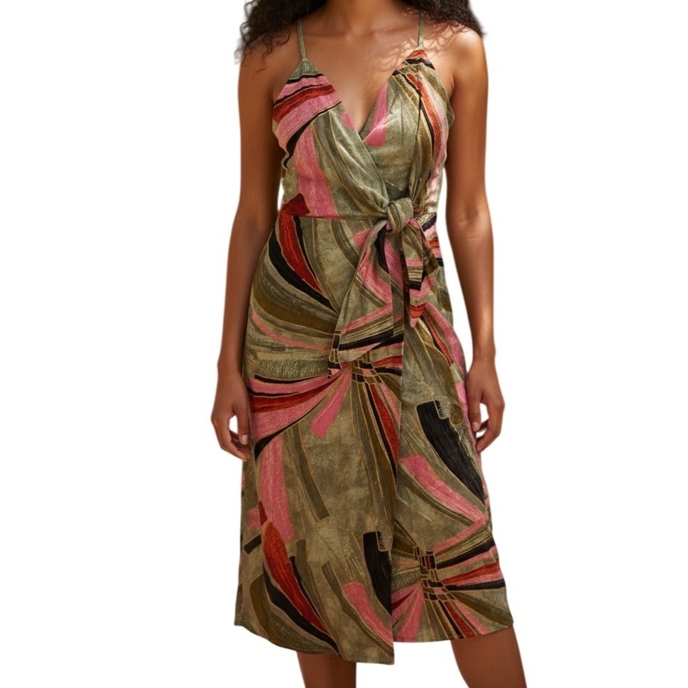 JASON WU Linen Blend Abstract Print Metallic Tie Front Midi Dress NWOT Size 6